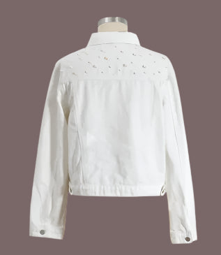 Beaded Washed Women's Turn-Down Collar Long-sleeved Lapel Denim Jacket