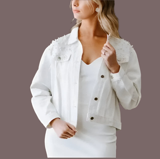 Beaded Washed Women's Turn-Down Collar Long-sleeved Lapel Denim Jacket