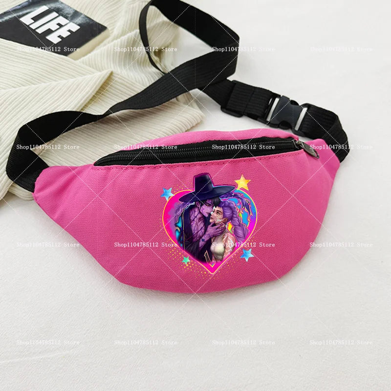 Pink waist bag with a colorful graphic design on a light background