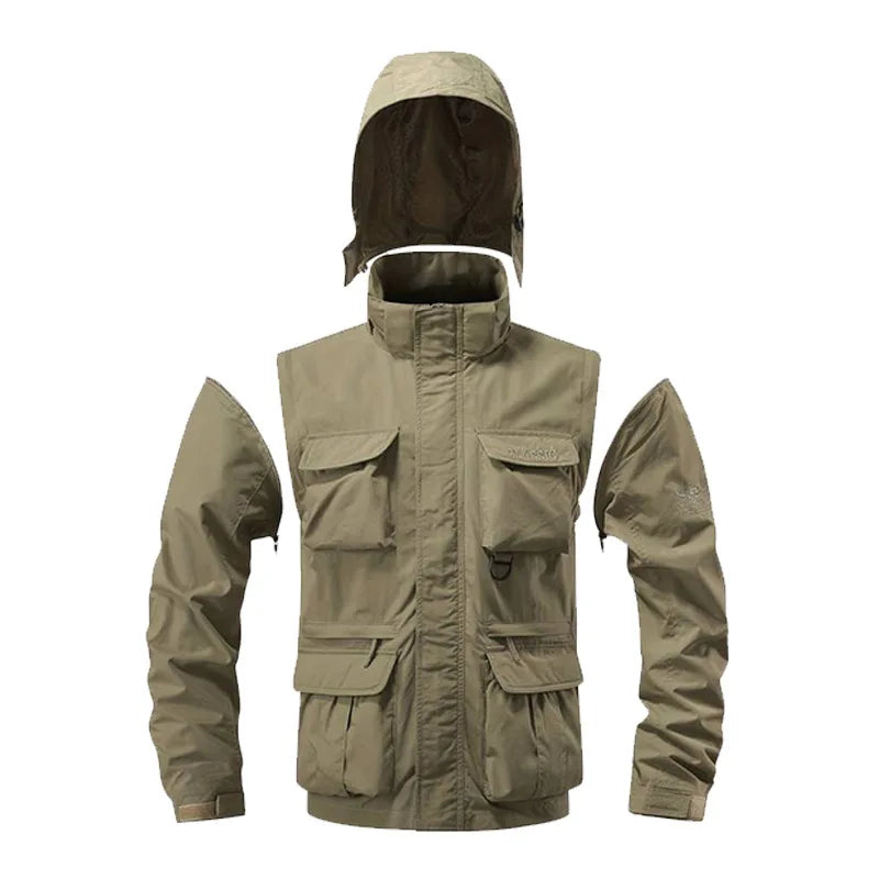 Khaki jacket with multiple pockets on a white background