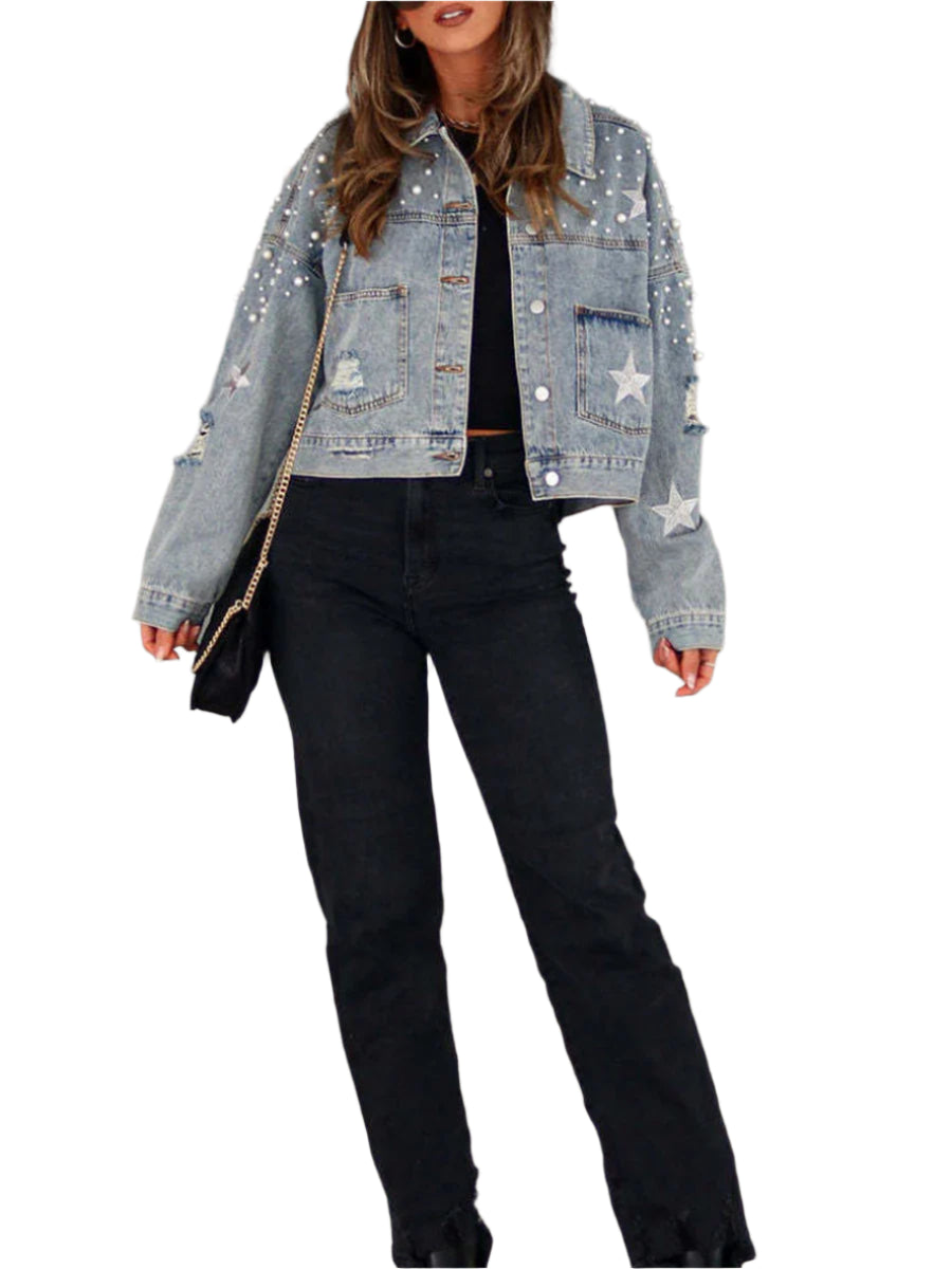 Women's Fall Denim Jacket - Star Print Back Long Sleeve Turn-Down Collar