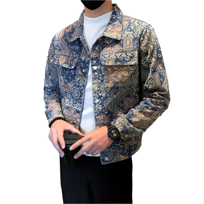 Men’s Blue Denim Jacket | Printed Trim Casual Coat M–4XL Sizes