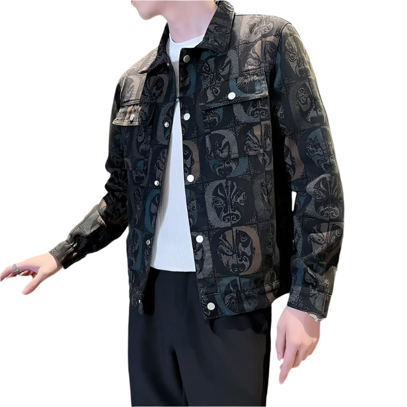 Men’s Blue Denim Jacket | Printed Trim Casual Coat M–4XL Sizes