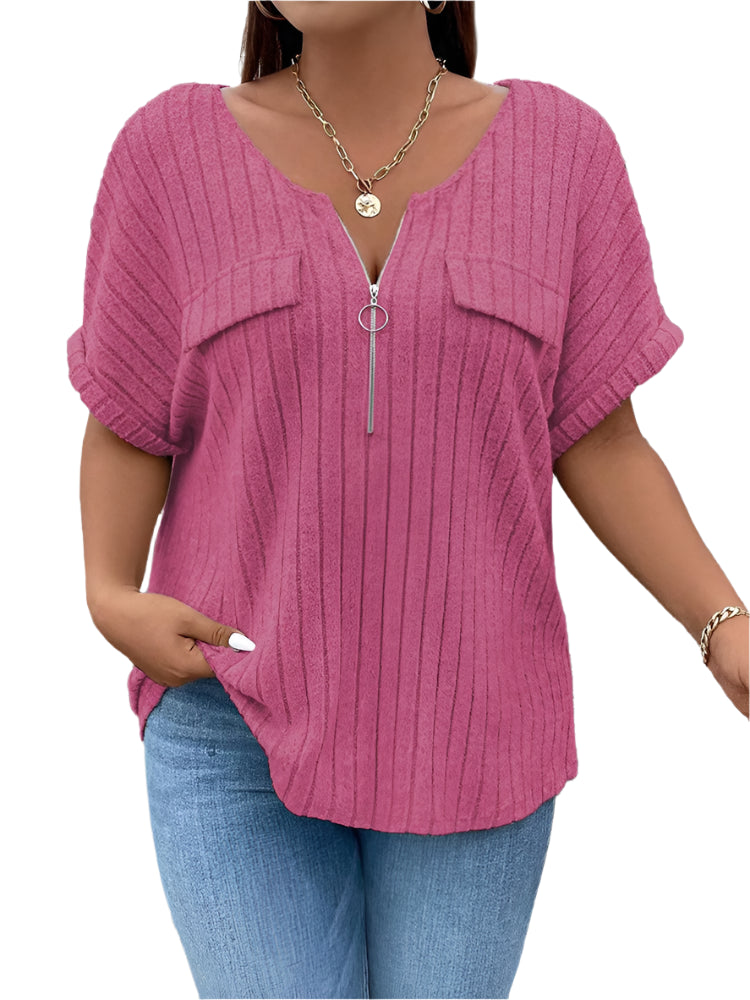 Women's Plus Size O-Ring Zip Front T-Shirt: Summer Rib Knit Top