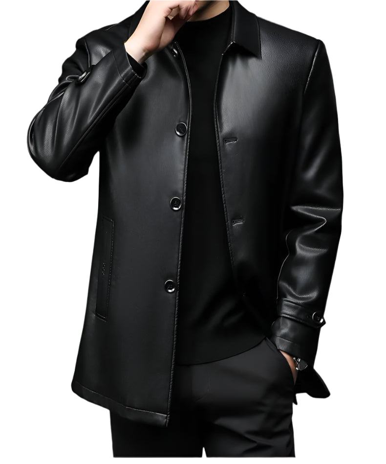 Classic Black Long Leather Jacket: Men's Warm Faux Fur Coat