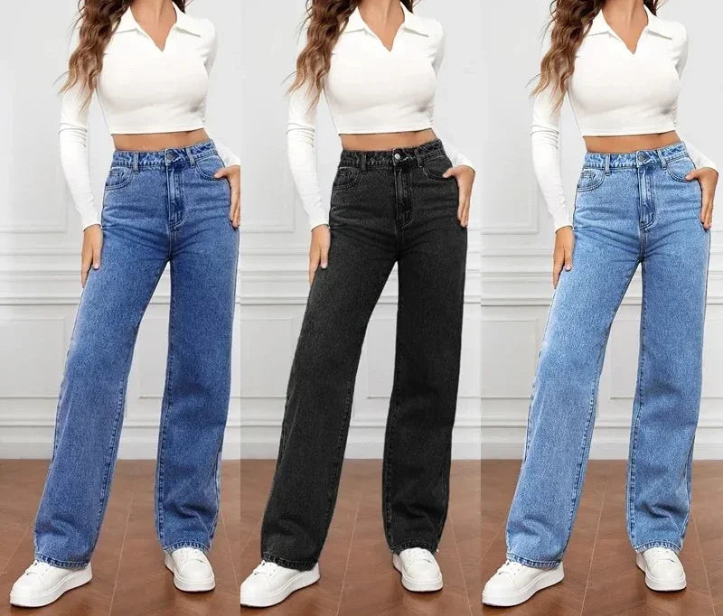 Women's Y2K Loose Straight Jeans - High Waist Ankle Length Denim-Look