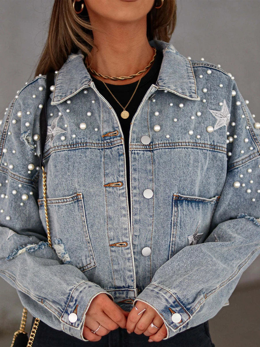 Women's Fall Denim Jacket - Star Print Back Long Sleeve Turn-Down Collar