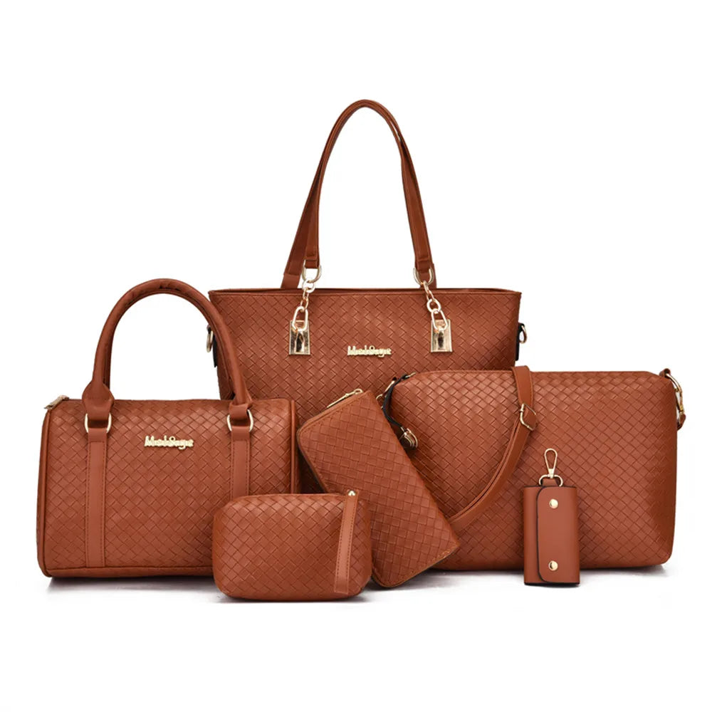 Libarrecy Fashion 6PC Handbag Set - Braid Shoulder Crossbody Tote