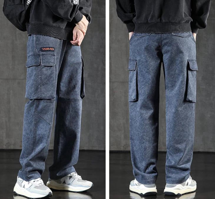 Men’s Paratrooper Cargo Jeans – Loose Fit Wide Leg Stretch Denim