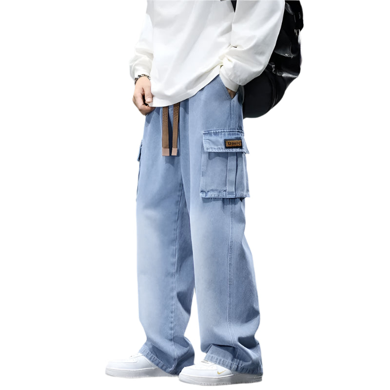 Autumn Loose Fit Wide Leg Cargo Jeans for Men – Washed Cotton Big Size Pants