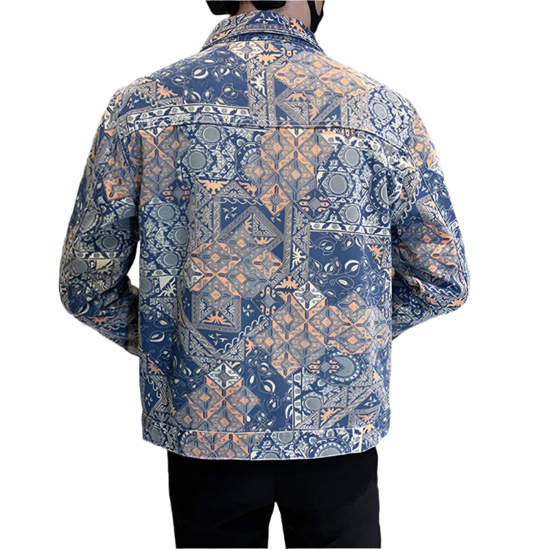 Men’s Blue Denim Jacket | Printed Trim Casual Coat M–4XL Sizes