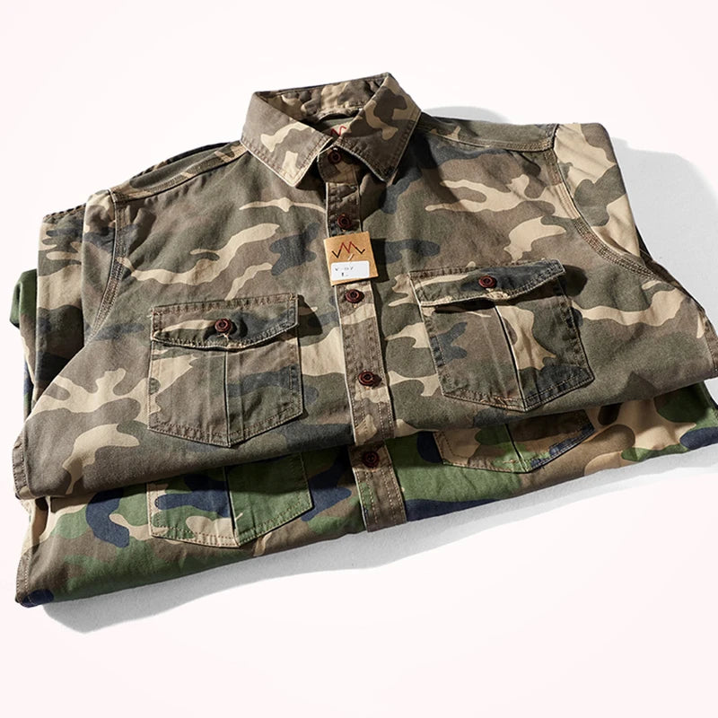 Men's Military Camo Shirt: Multi-Pocket Cargo Blouse Vintage Loose
