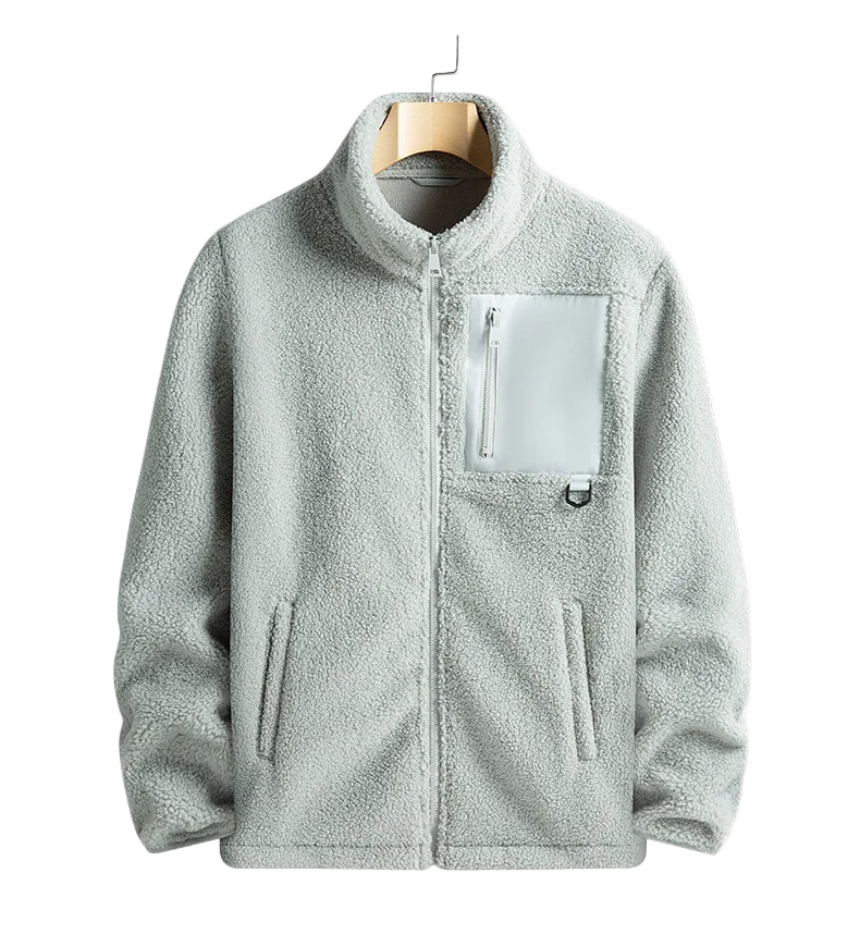 Light gray fleece jacket with a front pocket on a white background