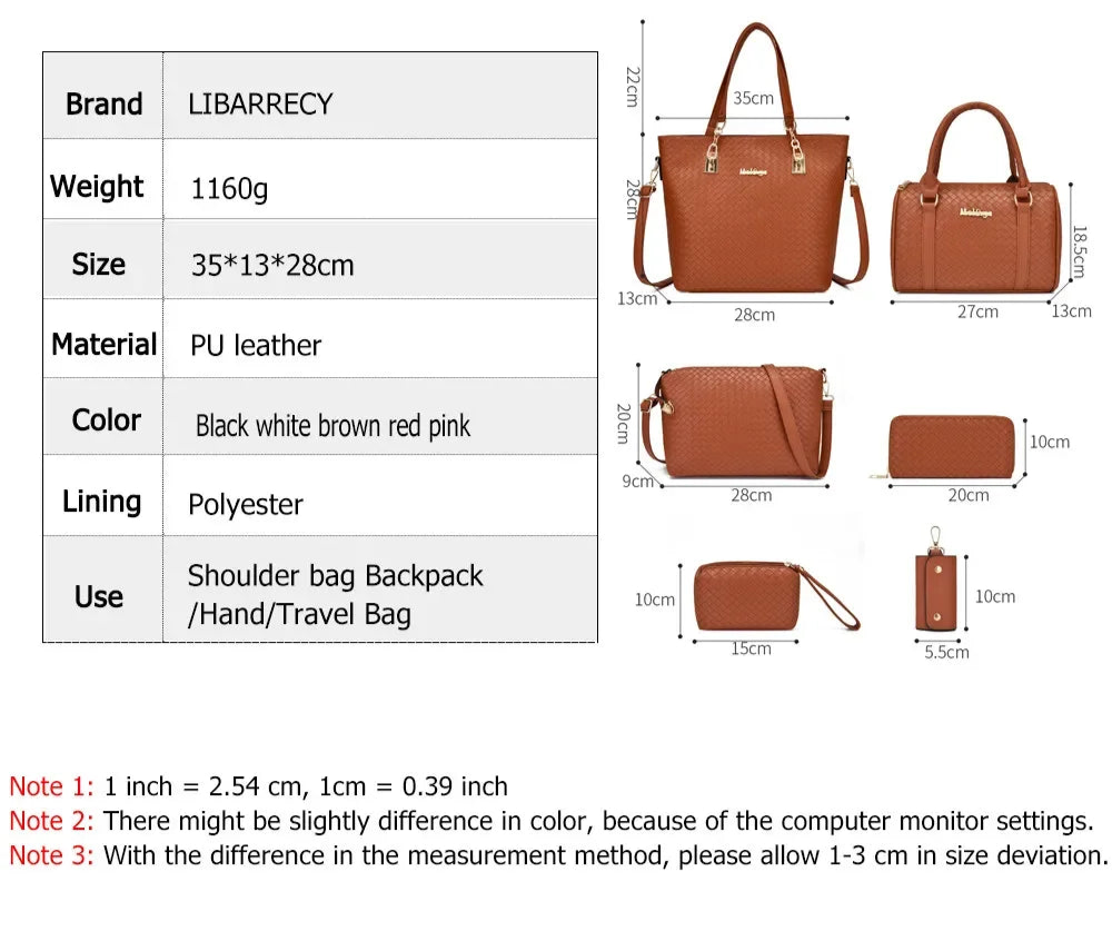 Libarrecy Fashion 6PC Handbag Set - Braid Shoulder Crossbody Tote