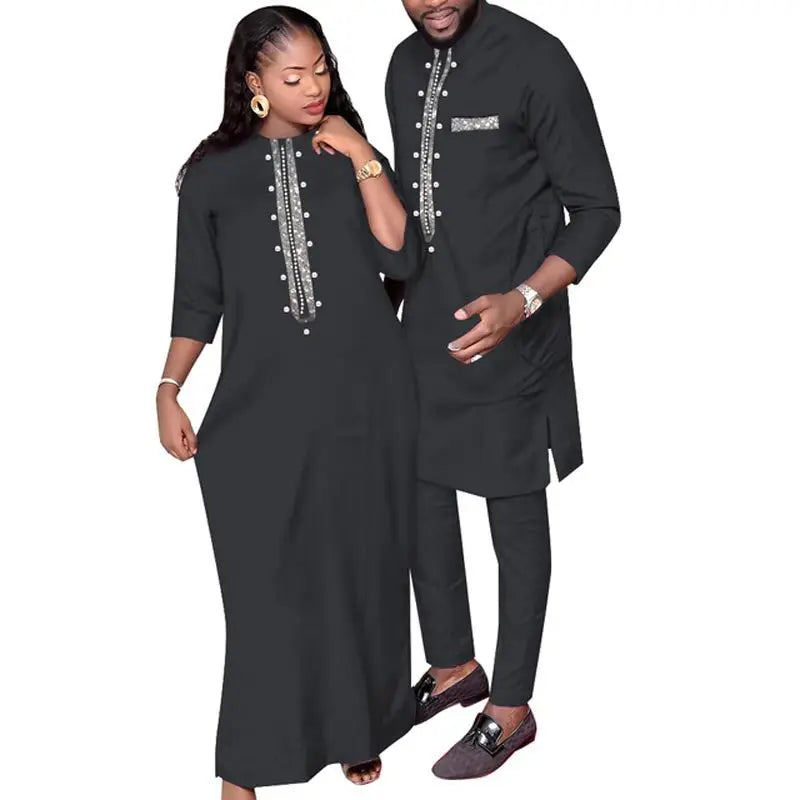 African Couples Wedding Outfits | Bazin Riche Dress & Men’s Suit