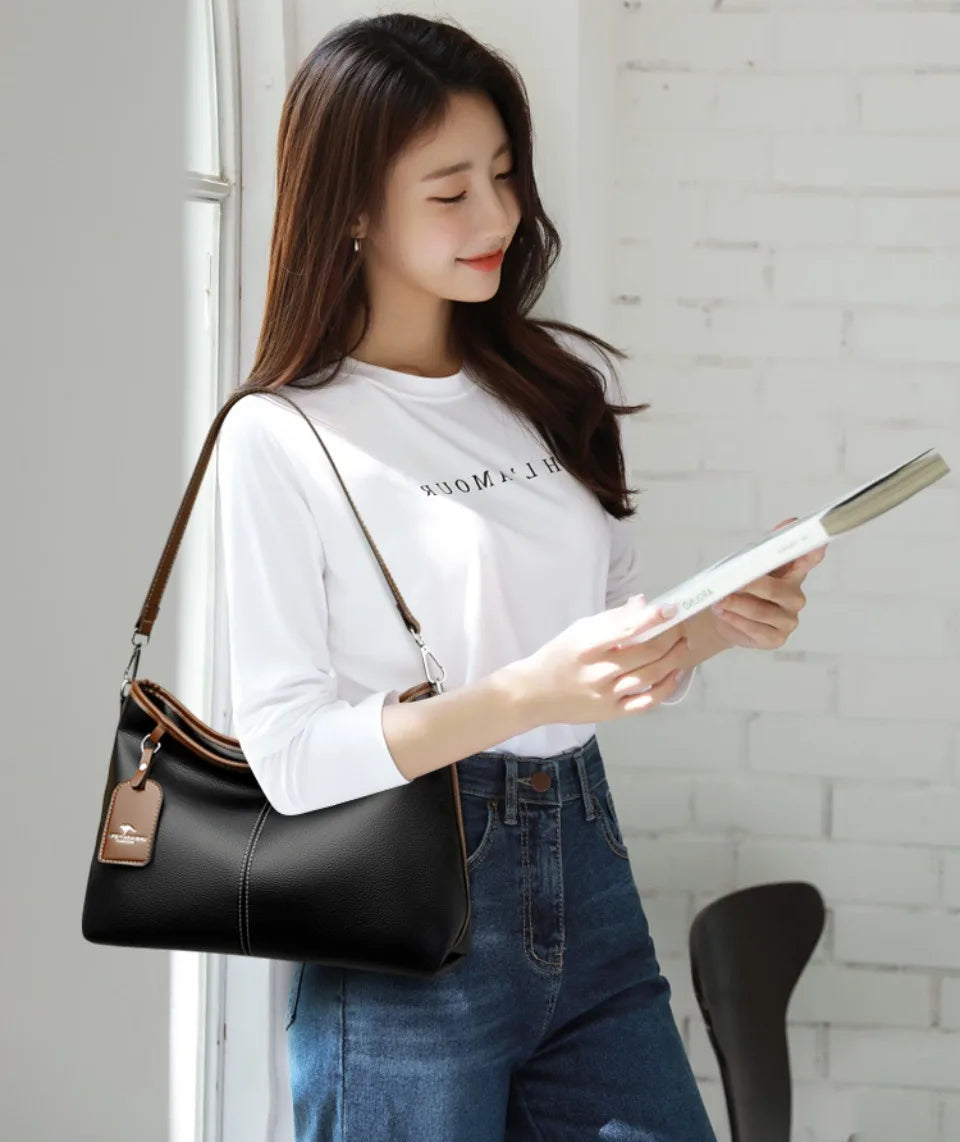 Soft PU Leather Shoulder Bag - Color Contrast Crossbody Tote for Women
