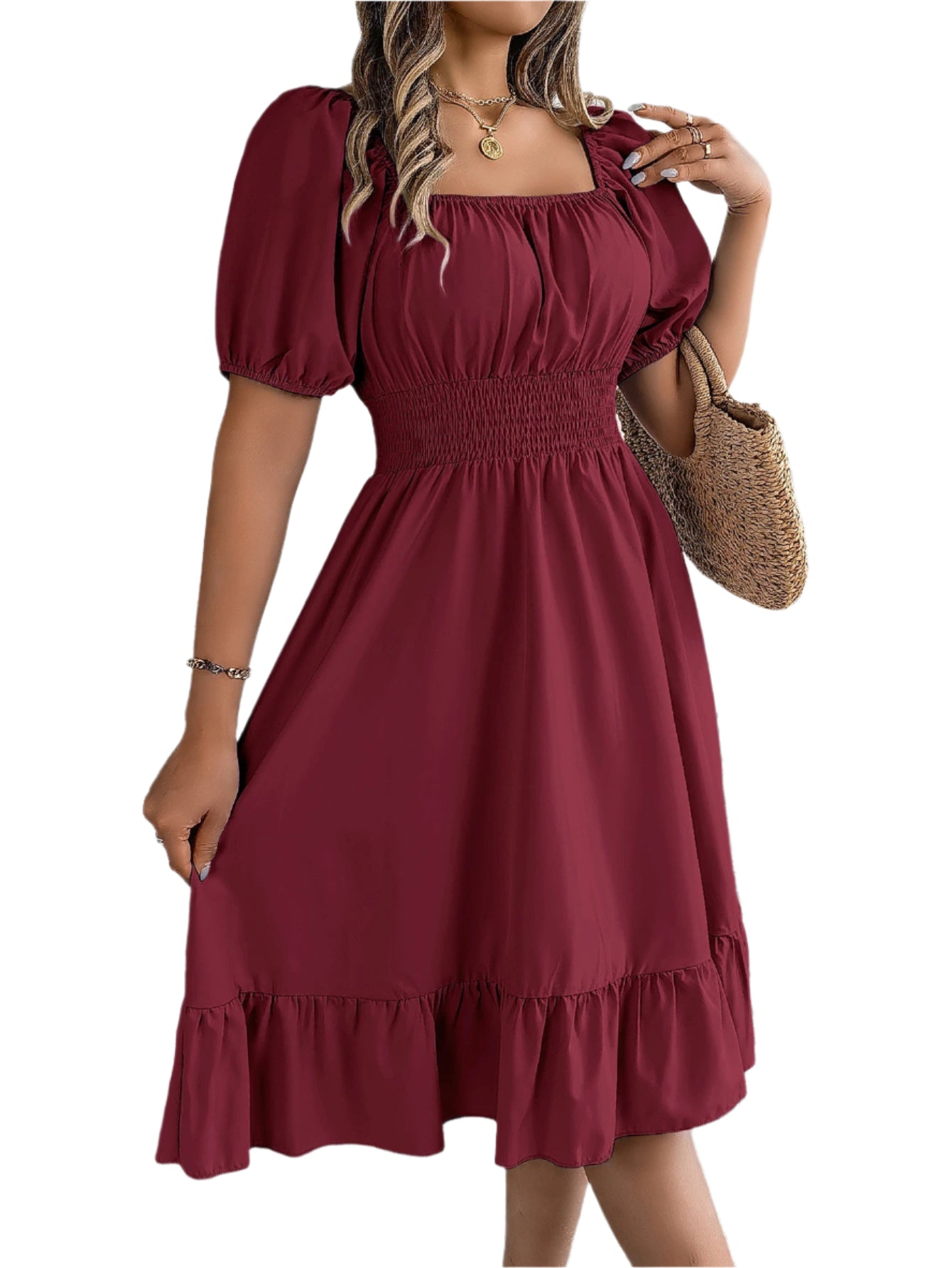 Elegant Square Neck Ruffled Dress – Spring Summer High Waist