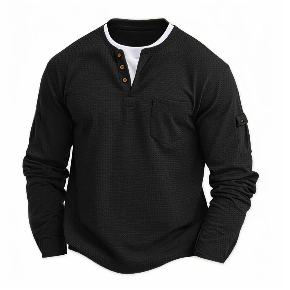 Men's New Henley Collar Shirt: Fake Two-Piece Waffle T-Shirt