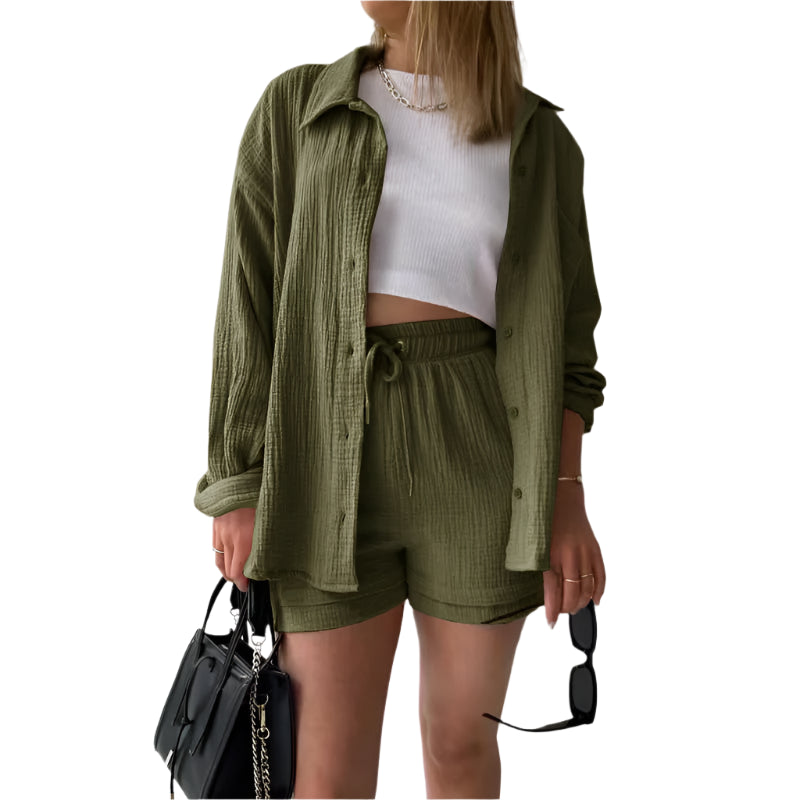 Women's Casual Shirt & Shorts Suit - Full Sleeve Spring/Summer Set