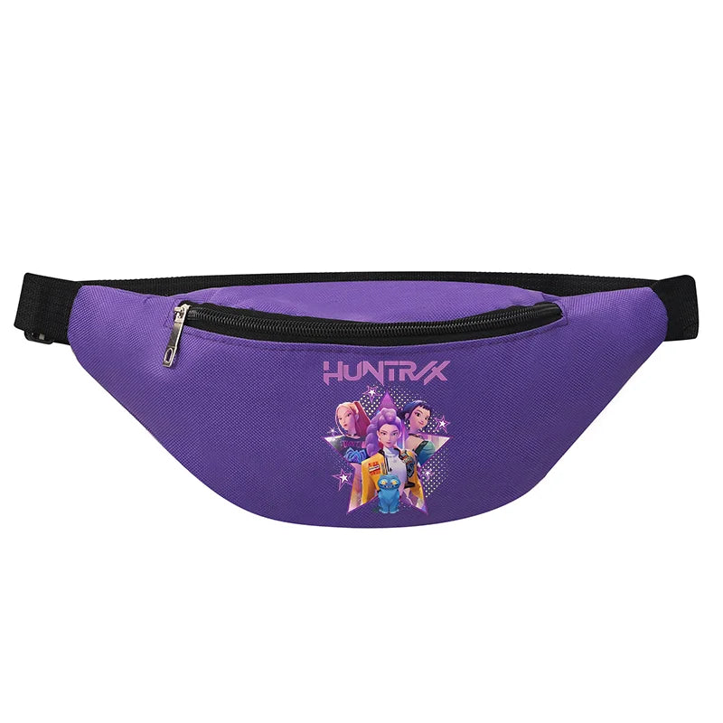 Purple fanny pack with character design and 'HUNTRX' branding on a white background