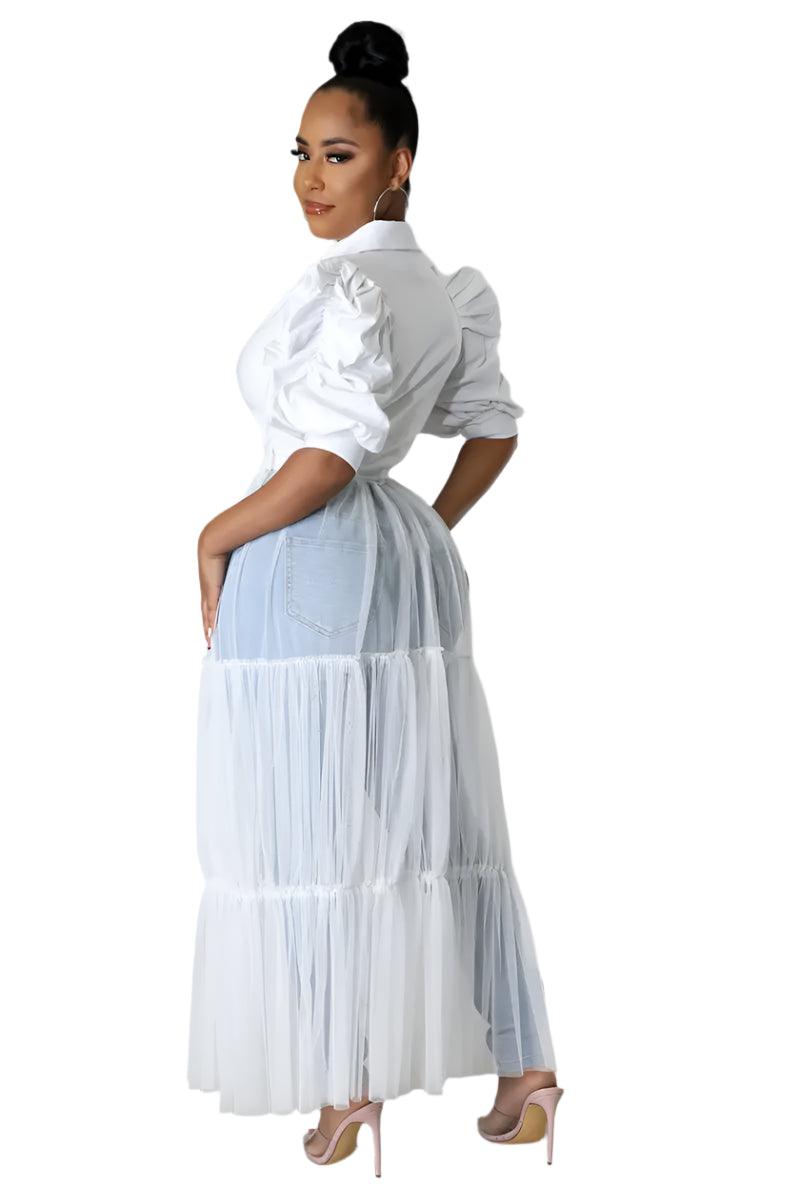 Elegant Mesh Patchwork Maxi Dress – Lantern Sleeves & High Waist Design - JVMCL