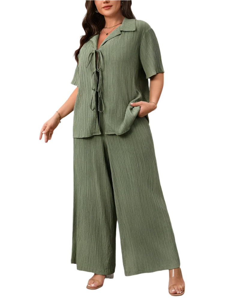 Plus Size 2PC Set - Loose Lace-Up Shirt & Wide Leg Pants Spring/Summer