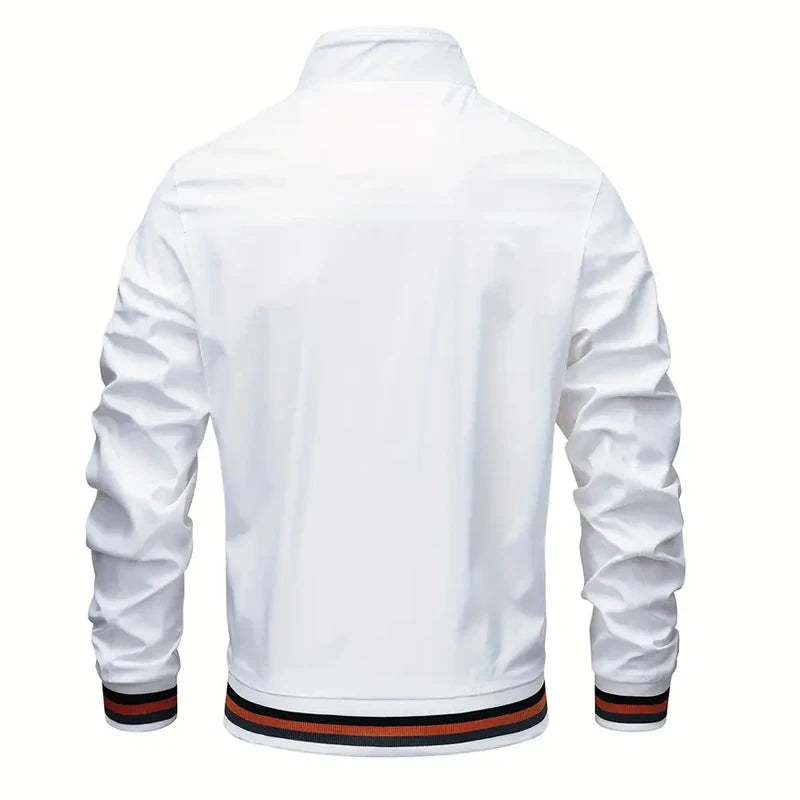 White jacket with black and red trim on a white background