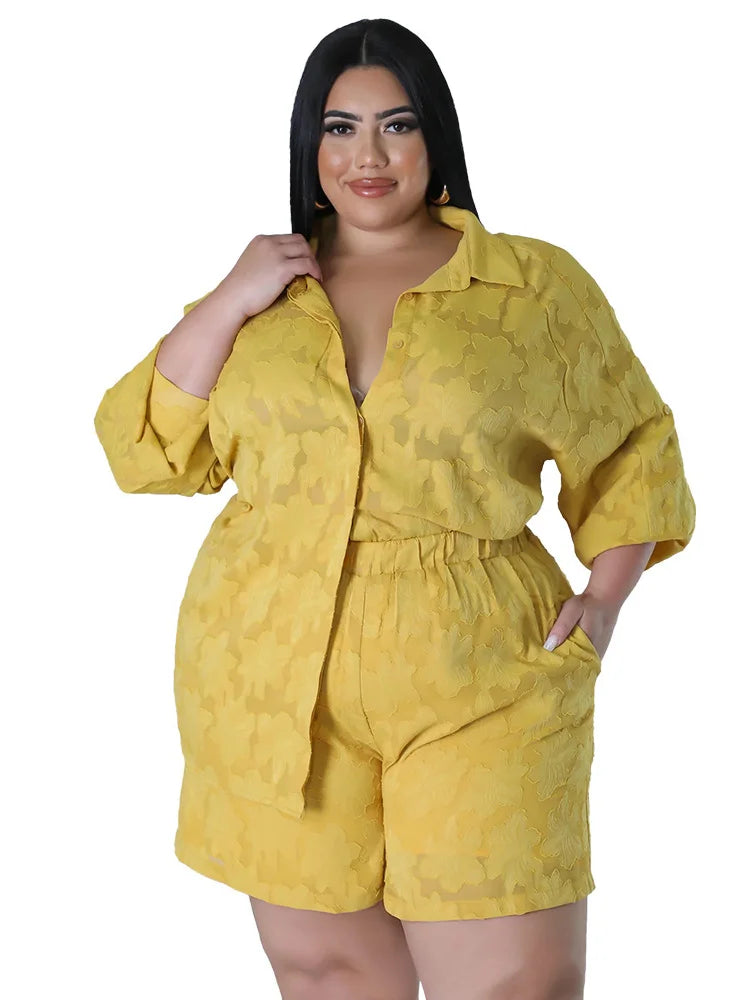 Plus Size Women's 2PC Set - Loose Shirt Top & Shorts Summer Outfits