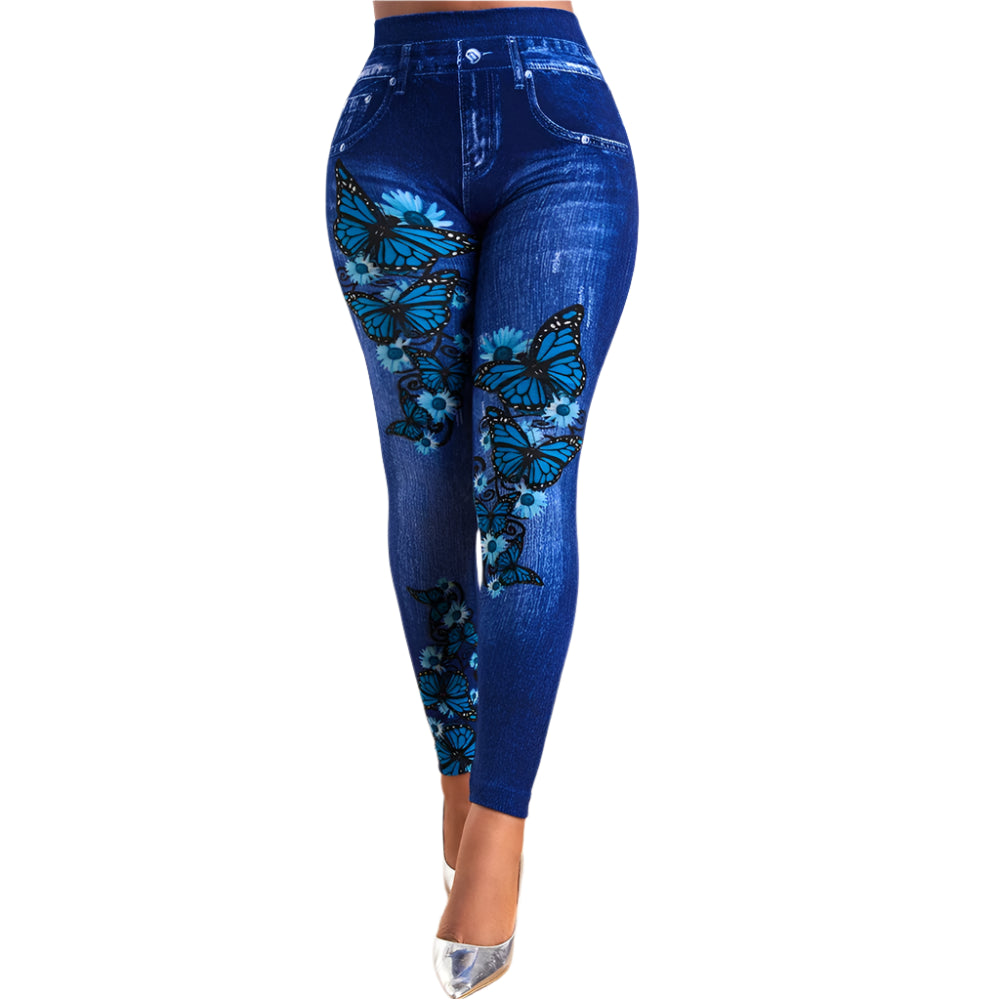 Plus Size High Waist Jeggings – Stretchy Denim-Look Print Leggings
