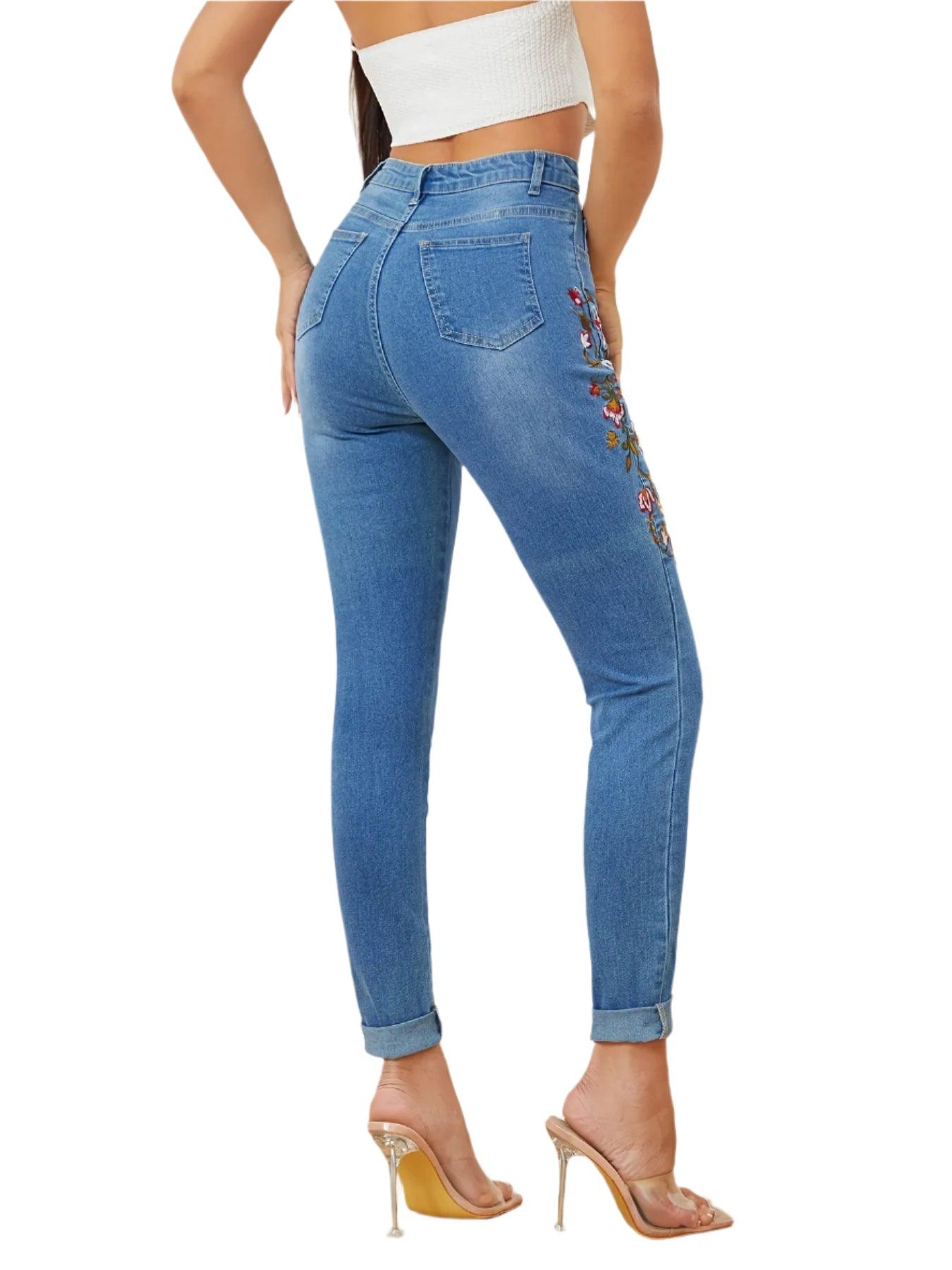 High Waist Embroidered Skinny Jeans | Stretch Denim Pencil Pants Women