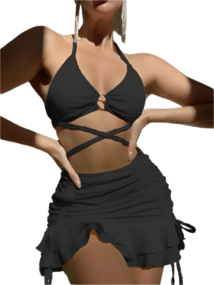 3PC Halter Ring Linked Criss Cross Swimsuit