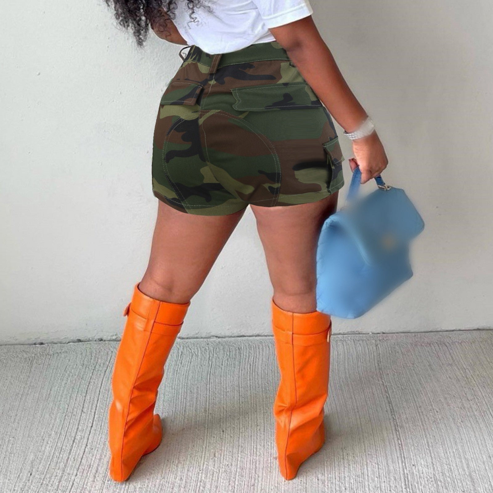 Camouflage Ripped Jean Shorts for Women – High Waist Mid-Length Denim