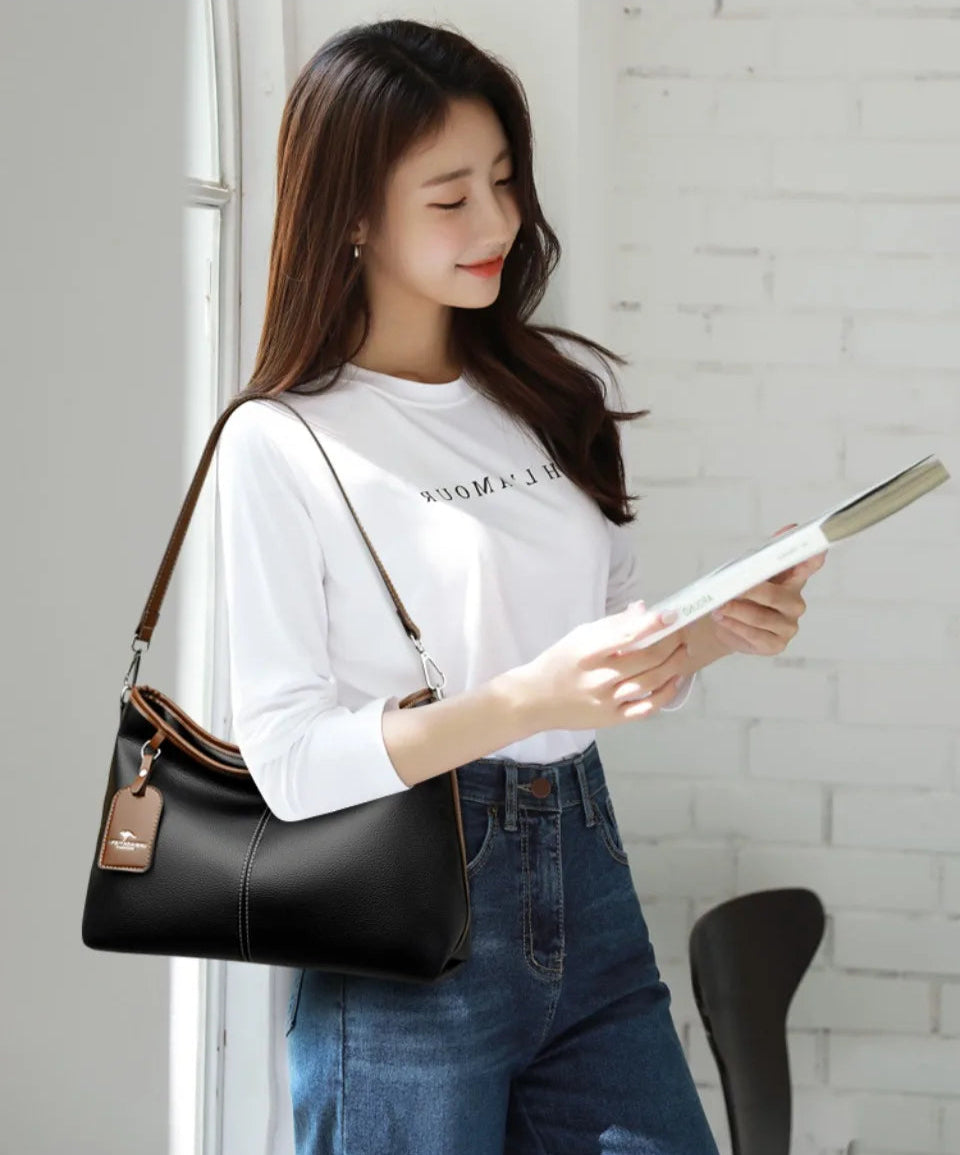 Soft PU Leather Shoulder Bag - Color Contrast Crossbody Tote for Women