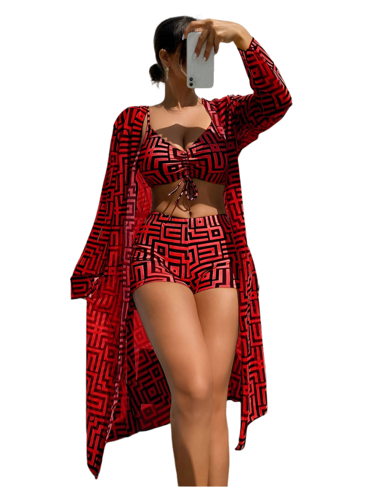 Women's Lattice Bikini Set - 3PC Sling Top, Boxer Shorts & LS