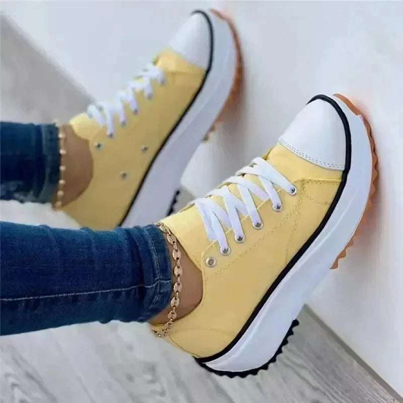 Women’s White Canvas Platform Sneakers – Casual Fashion Tennis Shoes