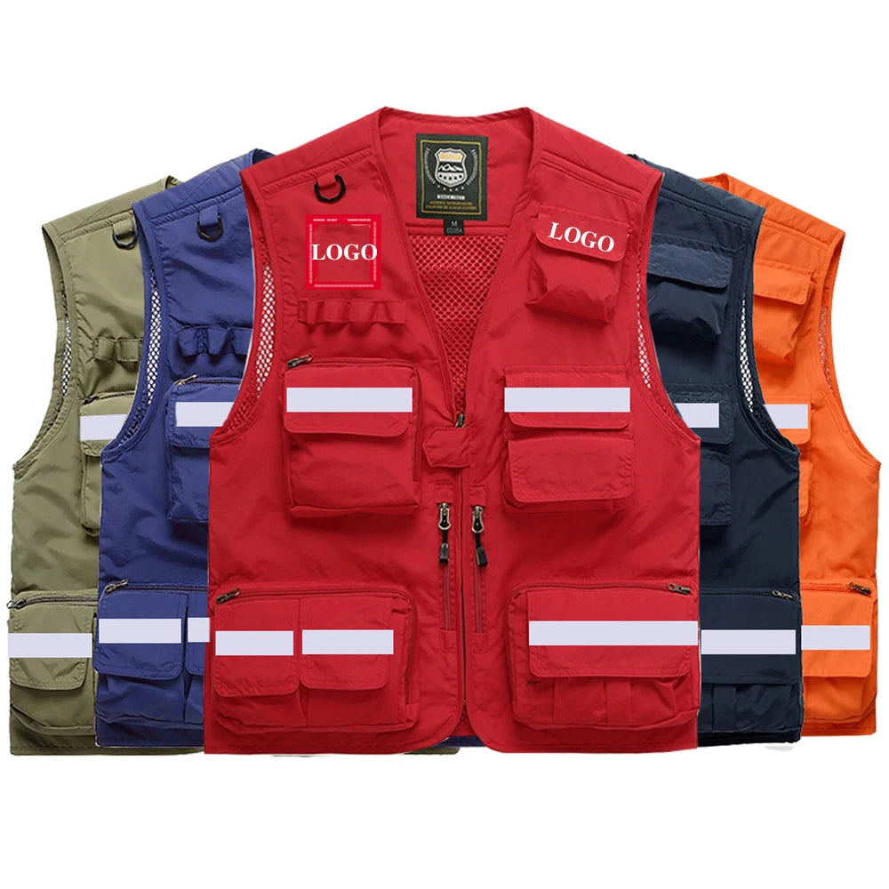 Five colorful vests with reflective stripes and 'LOGO' branding on a white background.