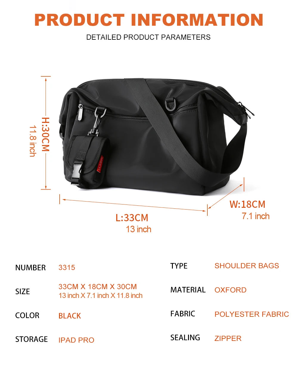 Black shoulder bag with measurements and product details on a white background