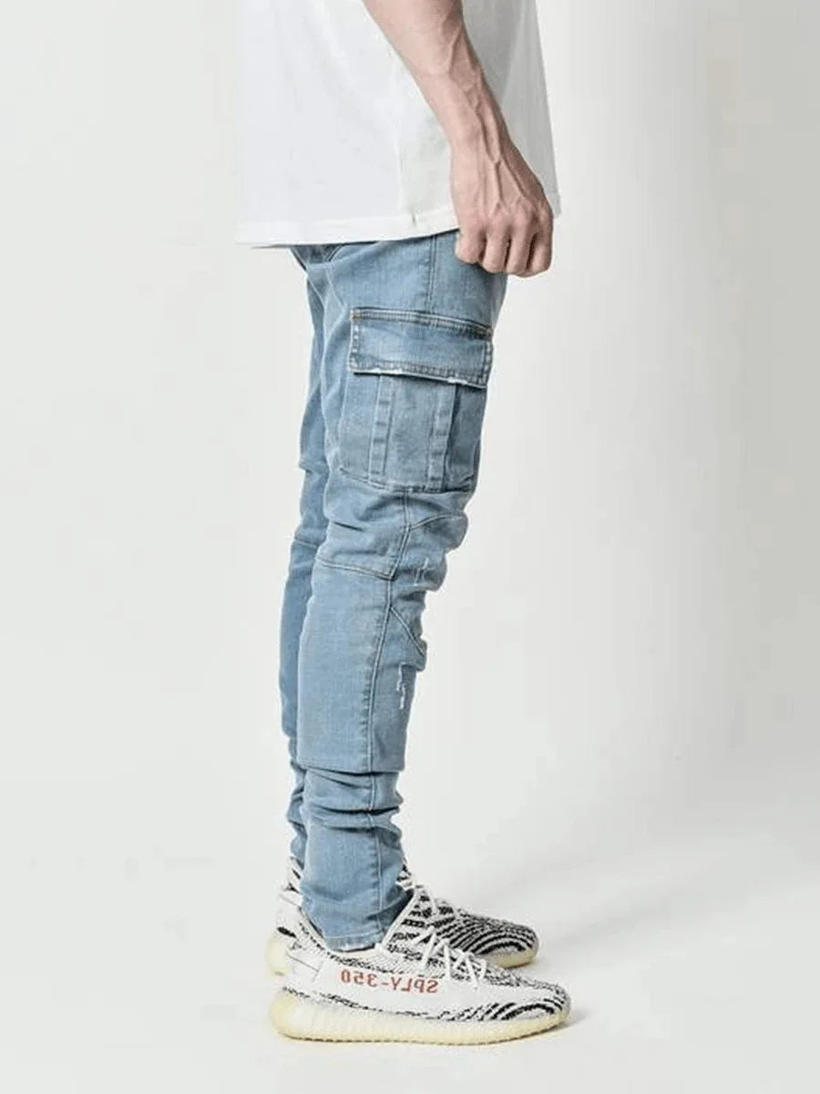 Men’s Cargo Jeans – Mid Waist Multi-Pocket Casual Denim Pants