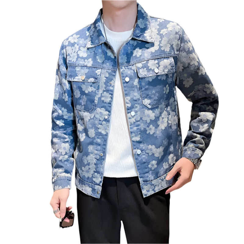 Men’s Blue Denim Jacket | Printed Trim Casual Coat M–4XL Sizes