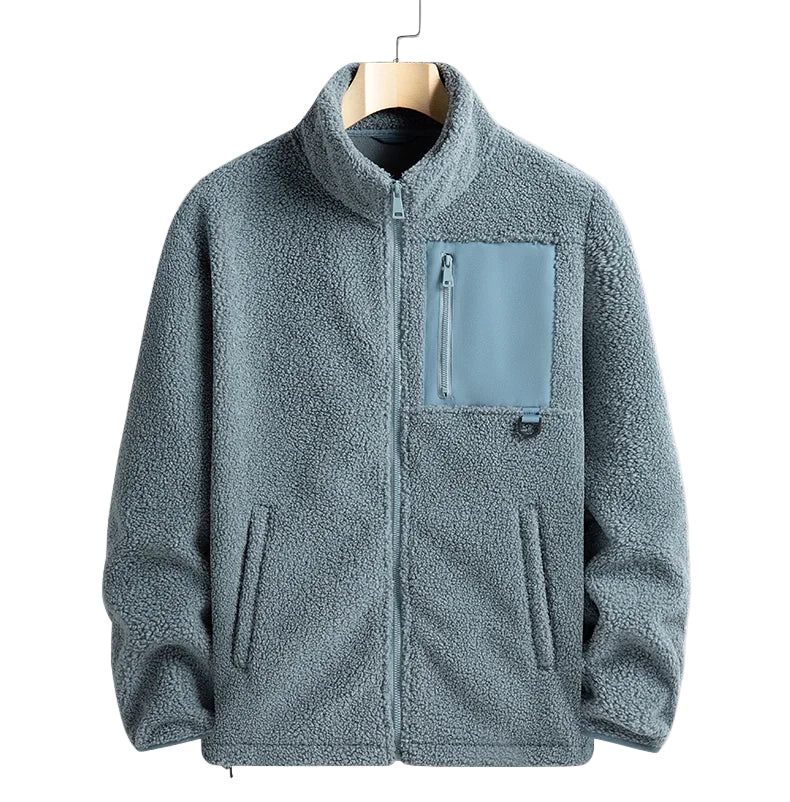 Gray fleece jacket with a front pocket on a white background