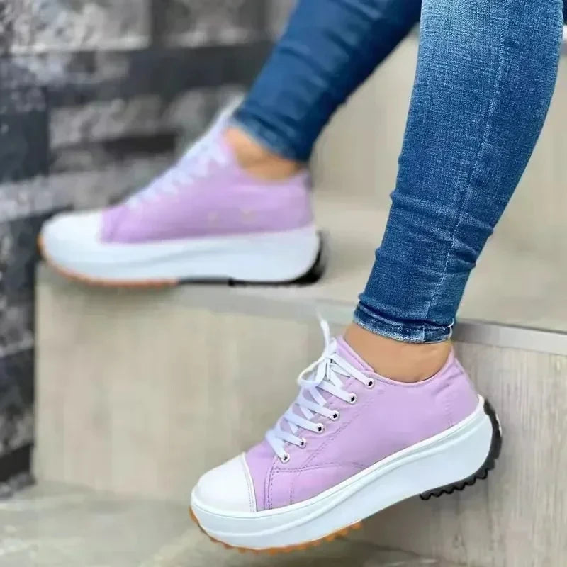 Women’s White Canvas Platform Sneakers – Casual Fashion Tennis Shoes
