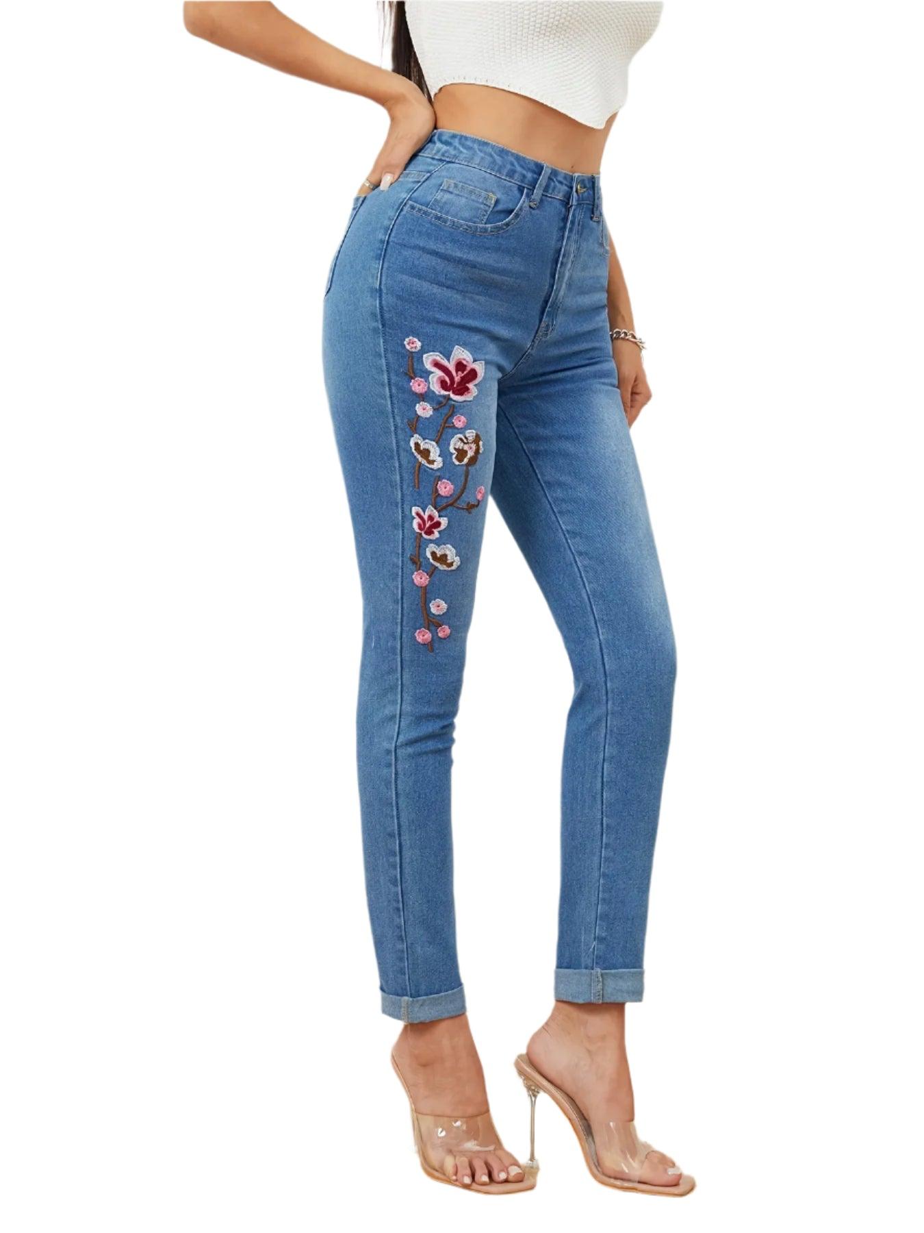 High Waist Embroidered Skinny Jeans | Stretch Denim Pencil Pants Women