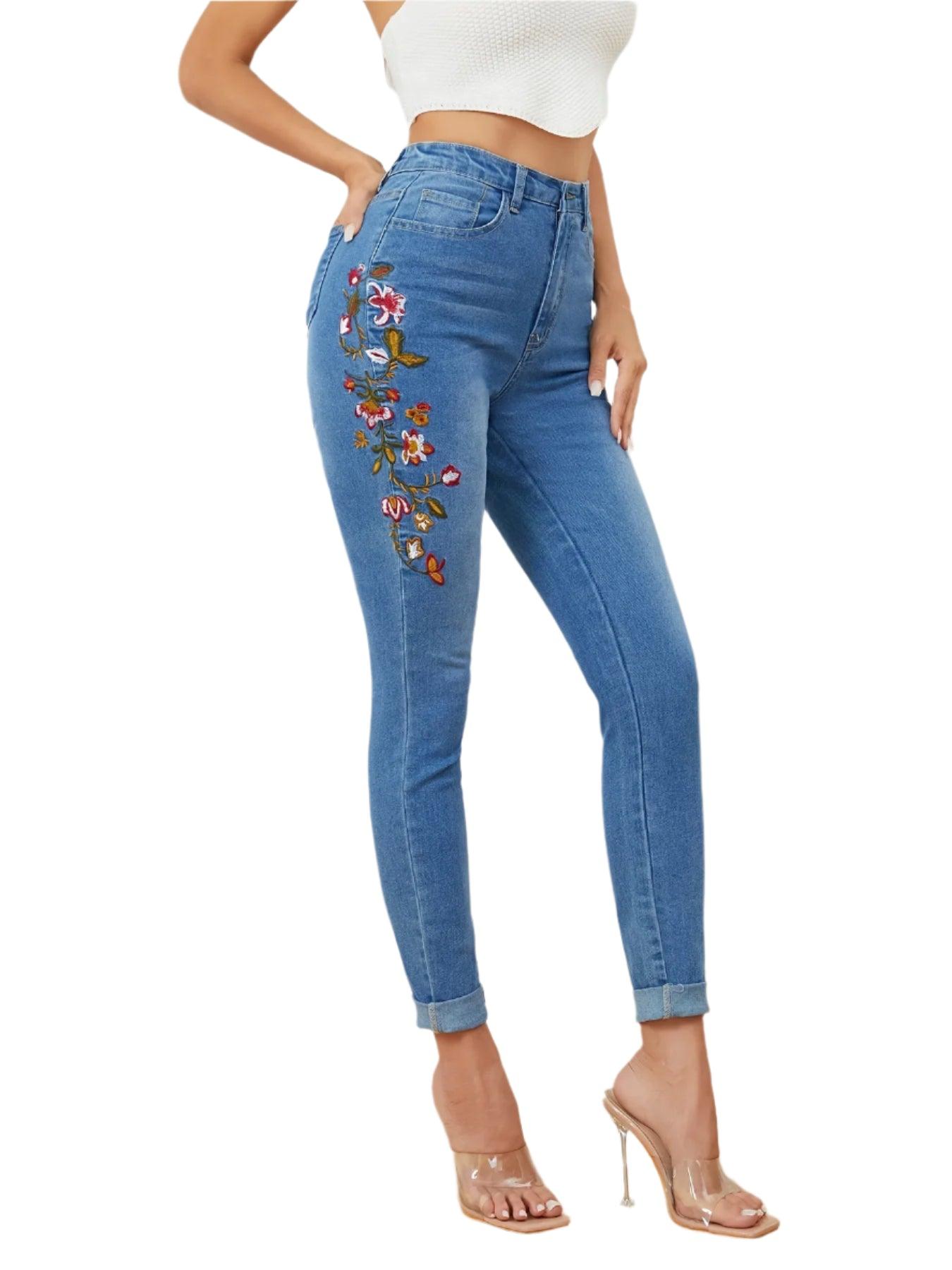 High Waist Embroidered Skinny Jeans | Stretch Denim Pencil Pants Women