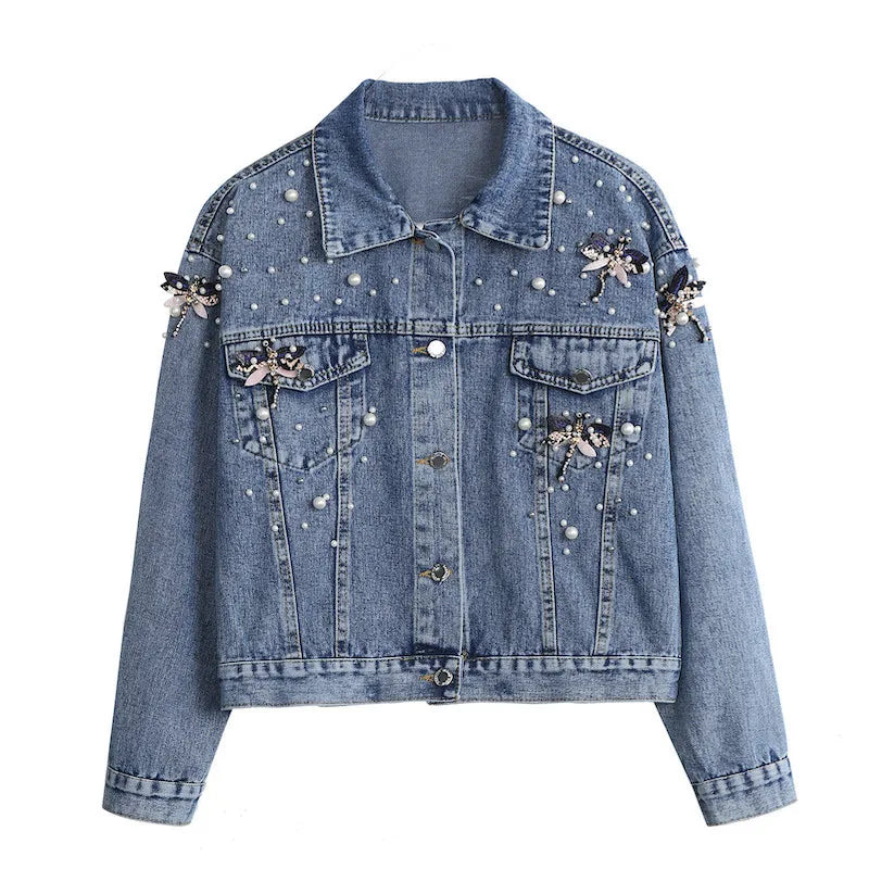 Women's Elegant Pearl Denim Coat – Loose Casual Autumn Work Jacket