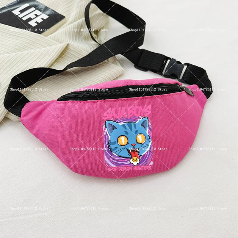 Pink waist bag with cartoon cat design on a light background