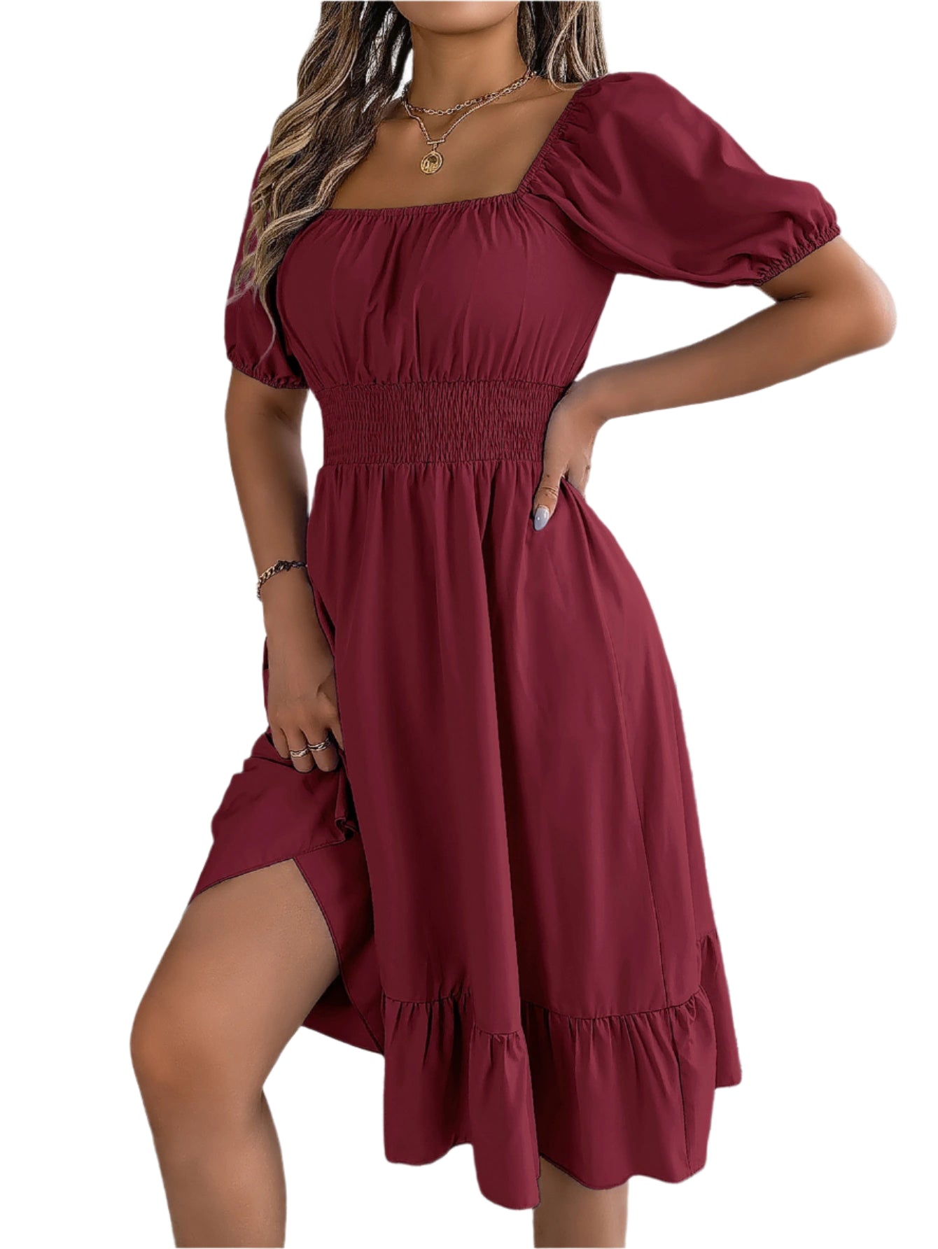 Elegant Square Neck Ruffled Dress – Spring Summer High Waist