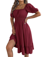 Elegant Square Neck Ruffled Dress – Spring Summer High Waist