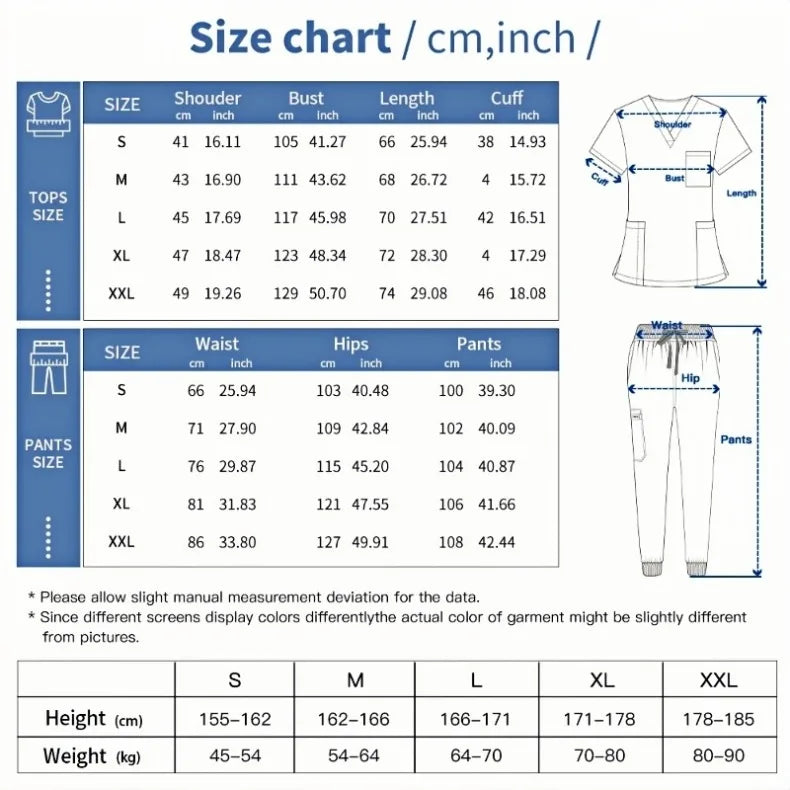 Multicolor Unisex Medical Scrubs Set - Short Sleeve V-Neck Workwear Chart