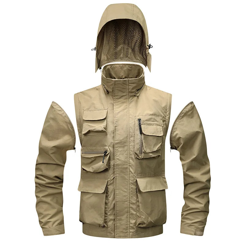 Khaki tactical jacket with multiple pockets and a hood on a white background