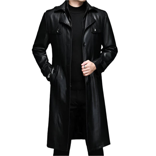 Men’s Long Leather Winter Coat – Warm Plush Lined Casual Trench Jacket